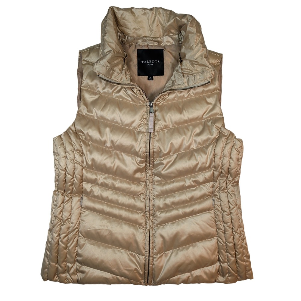 Talbots Puffer Vest Womens MP Champagne Gold Metallic Down Quilted Chevron Zip
